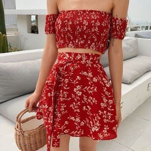 Floral Off Shoulder Crop Top + Wrap on Mini Skirt YesStyle